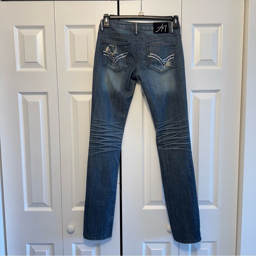 A7 Distressed Blue Jeans with Swarovski Crystals, Size 26 - Picture 6 of 12